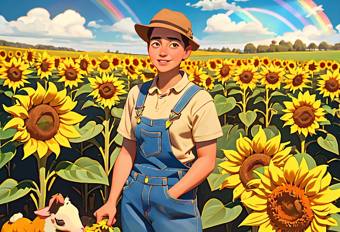 A farmer in overalls standing in a sunflower field, wearing a rainbow pin, surrounded by farm animals and a vibrant countryside landscape..