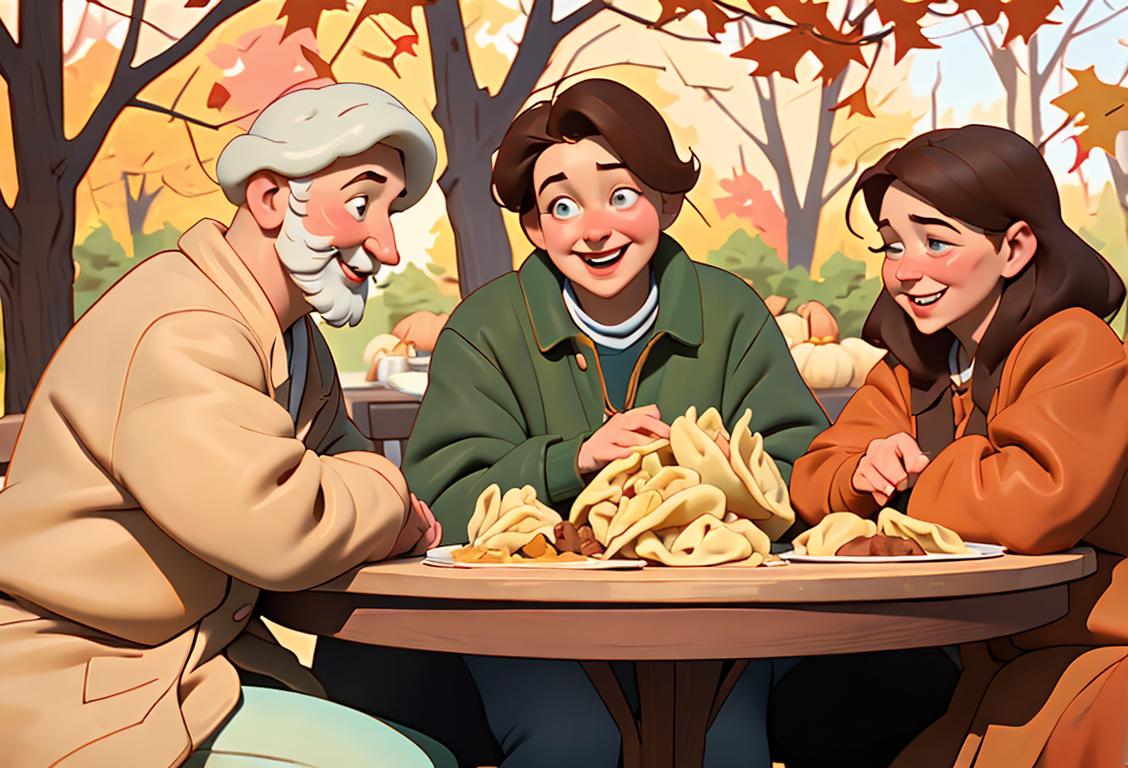 Happy individuals around a table, dressed in cozy attire, enjoying a variety of colorful pierogies with a beautiful fall foliage backdrop..