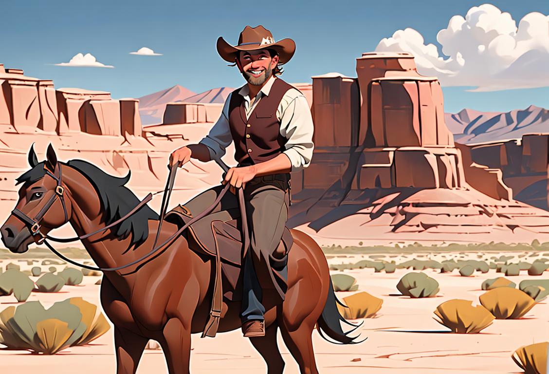 A smiling cowboy riding a wild mustang in the scenic landscape of Nevada, wearing a classic cowboy hat and rugged western attire..