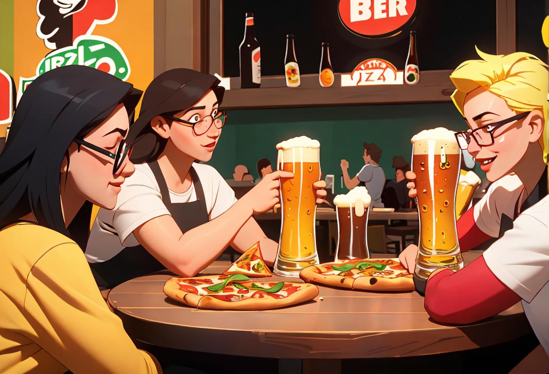A group of friends sharing a pizza and cheering with glasses of beer, wearing casual outfits, in a lively and colorful restaurant setting..
