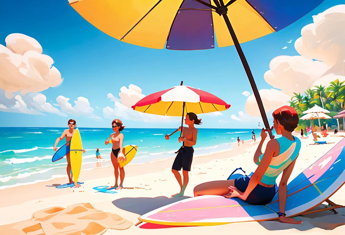 A group of happy people wearing various styles of Louis Bottoms, enjoying a sunny beach day, with colorful beach umbrellas and surfboards..