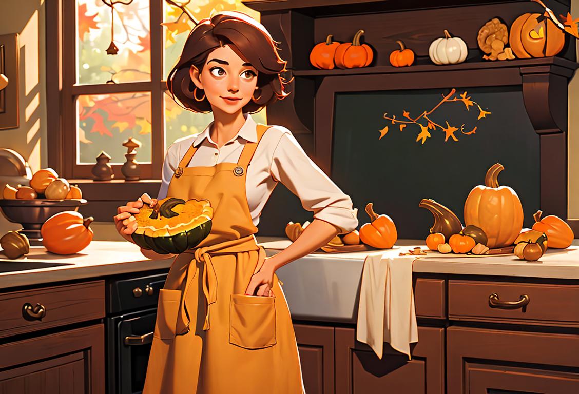Woman holding a freshly baked acorn squash pie, apron tied around waist, autumnal kitchen scene with vibrant fall colors..