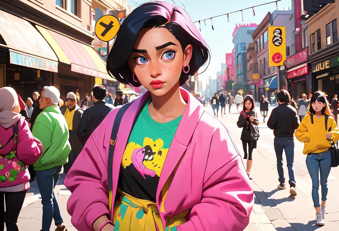 Young person dressed in vibrant and eclectic clothing, surrounded by a diverse group of individuals, in a bustling city street..