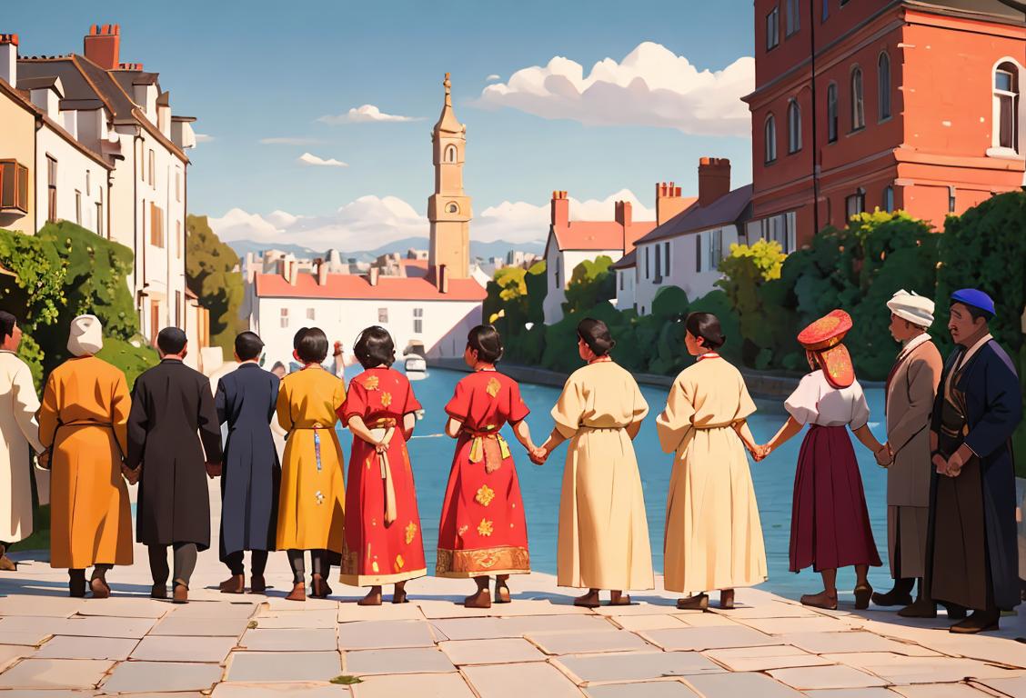 A diverse group of people from different cultures, wearing traditional clothing, holding hands and standing in front of a welcoming cityscape..