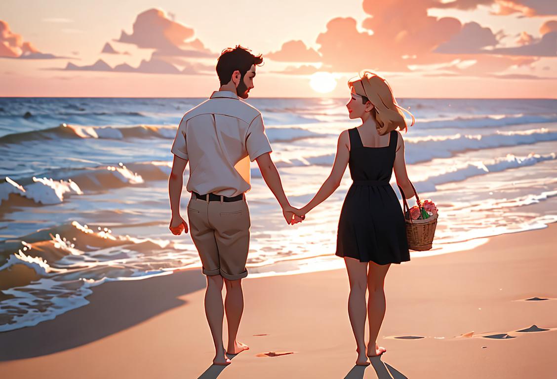 Beautiful couple holding hands, walking on a sandy beach at sunset, with a picnic basket nearby..