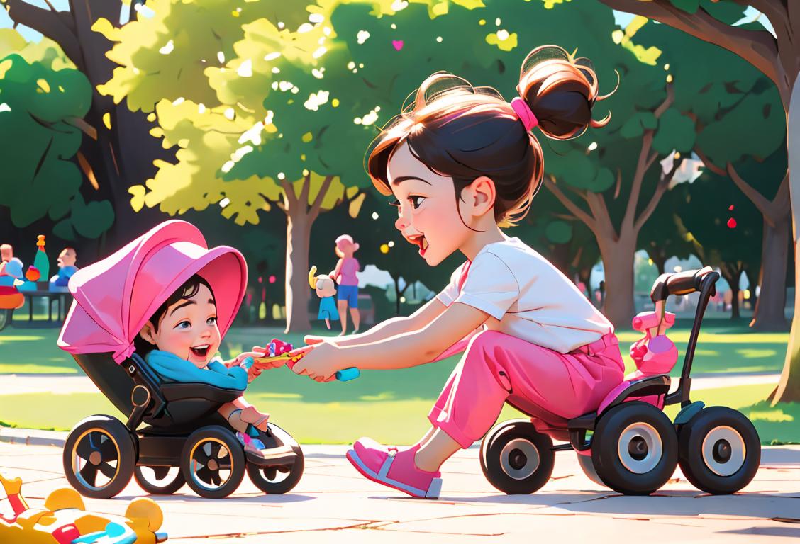 Joyful child with a caregiver, playful outfits, outdoor park setting, surrounded by toys and laughter..