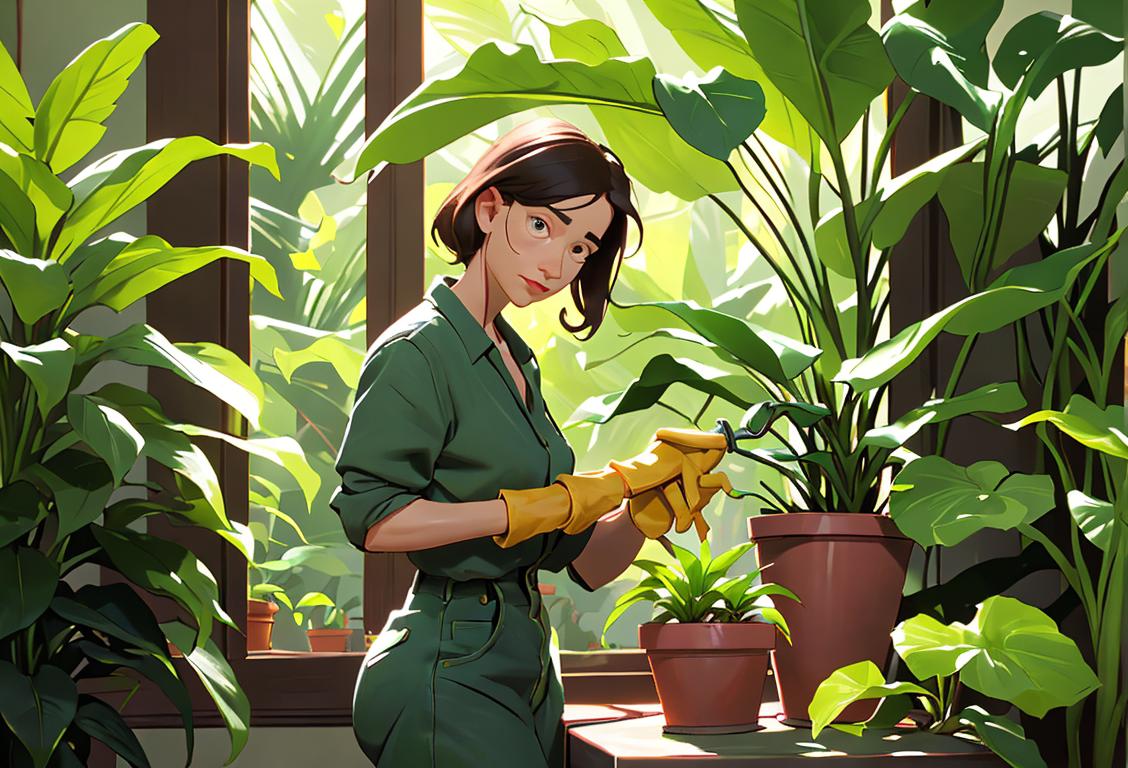 A person tending to a variety of houseplants, wearing gardening gloves and surrounded by lush greenery..