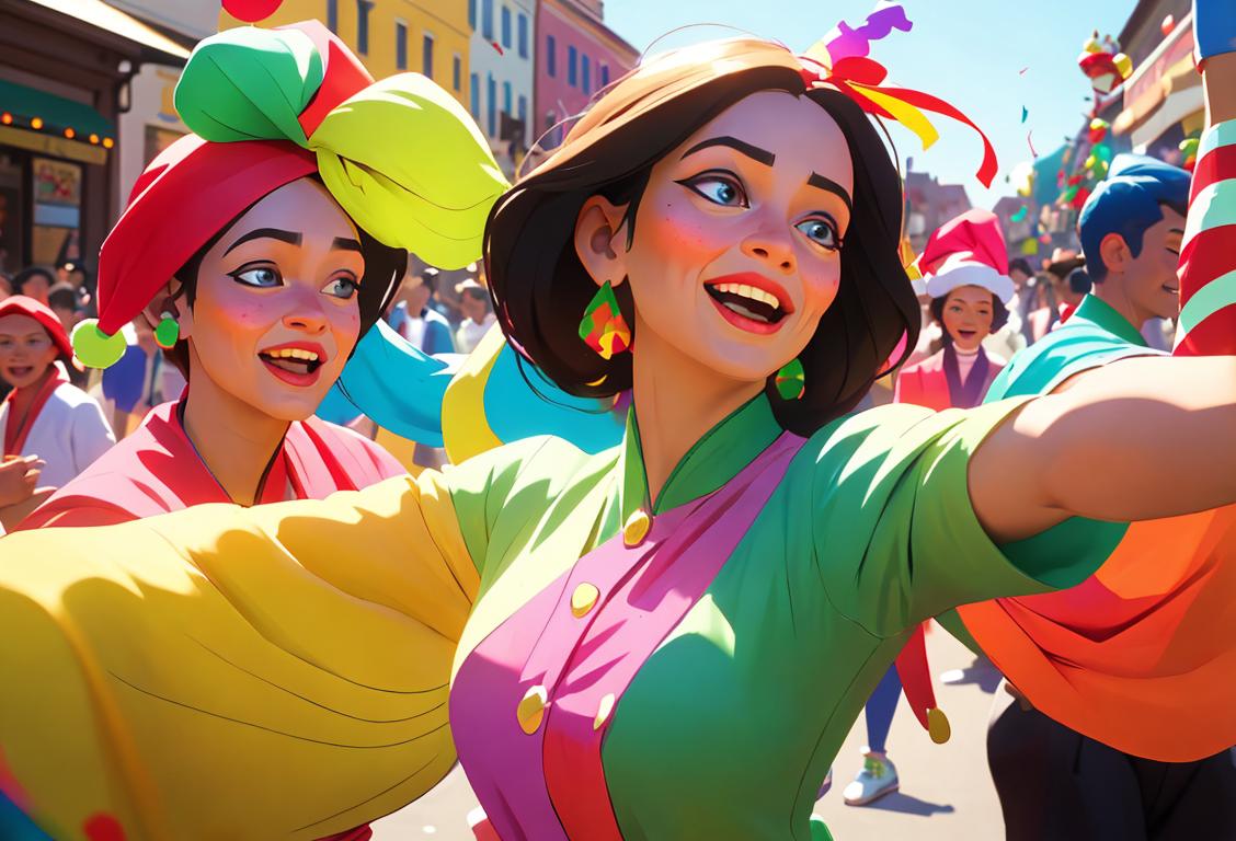 A diverse group of people, wearing colorful attire, dancing joyfully together in a festive street parade..