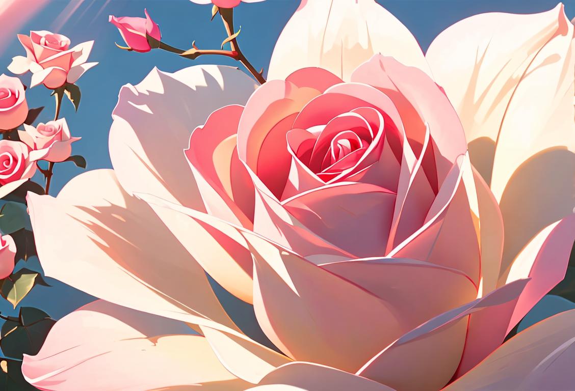 Close-up of a peaceful rose in full bloom, surrounded by soft pink petals, with rays of sunshine illuminating the delicate beauty..