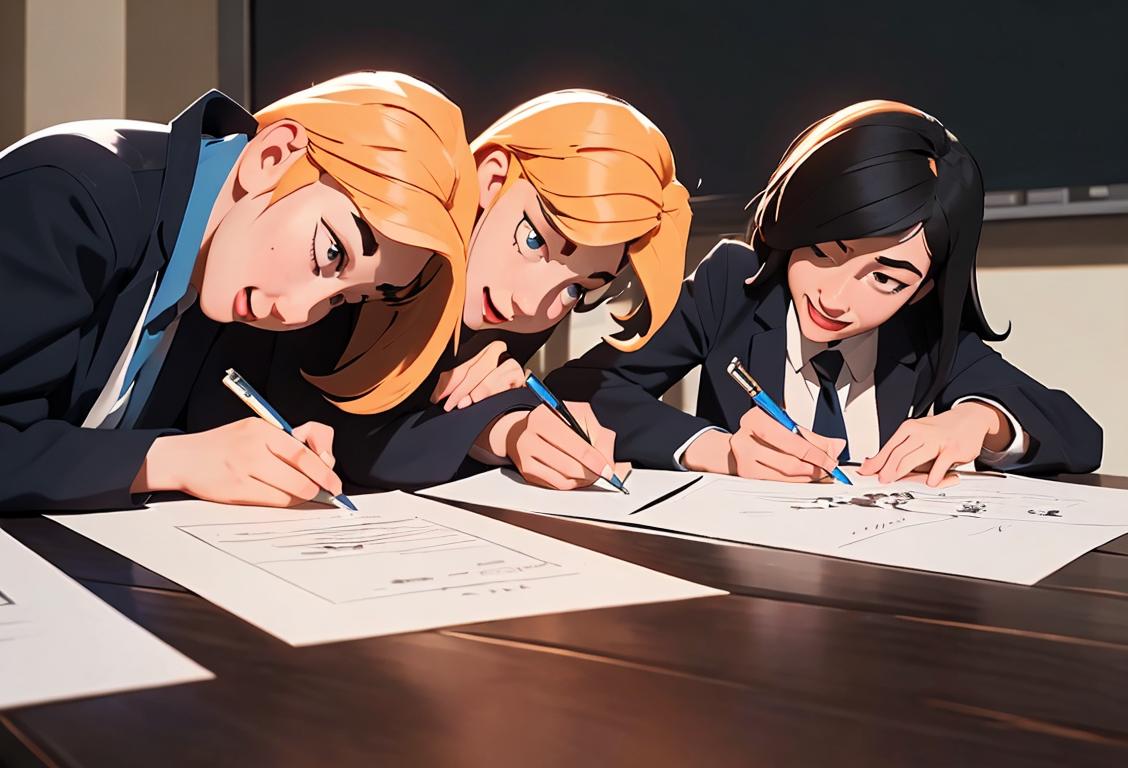 A group of diverse students in career and technical education attire, signing their letters of intent. Can include elements like graduation caps, school logos, and happy expressions..