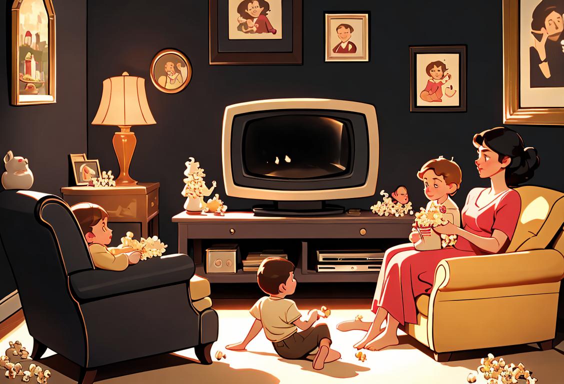 A delightful image of a family gathered around a vintage television set, captivated by the magic of their favorite shows. The living room is cozy with warm lighting and scattered popcorn on the floor..