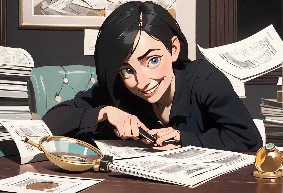 A person in casual clothing smiling while holding a magnifying glass, surrounded by stacks of unclaimed property documents..