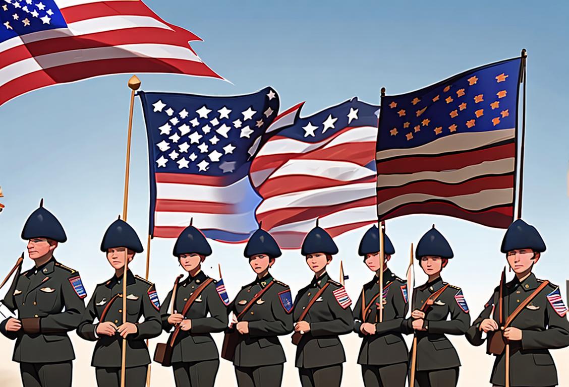 A group of National Guard members standing in front of a polling station, wearing uniforms, with American flags and election-related banners in the background..