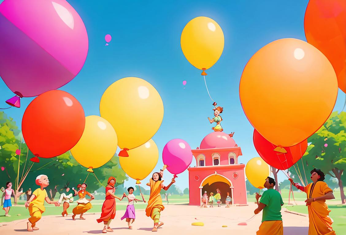 A group of people sharing funny and witty jumlas, wearing colorful clothes, in a park surrounded by bright balloons..