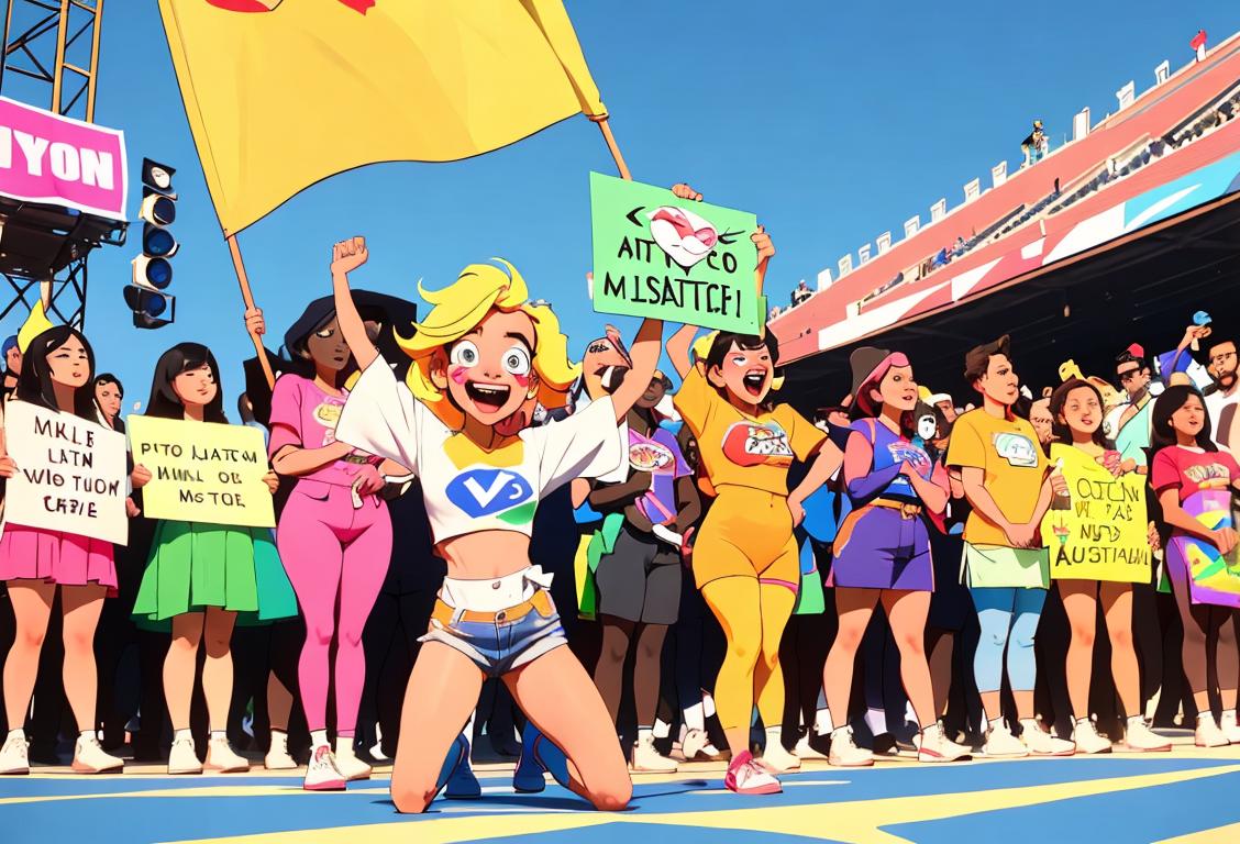 A diverse group of people wearing colorful clothes, holding protest signs, and gathered outside a national stadium, smiling and spreading positivity..