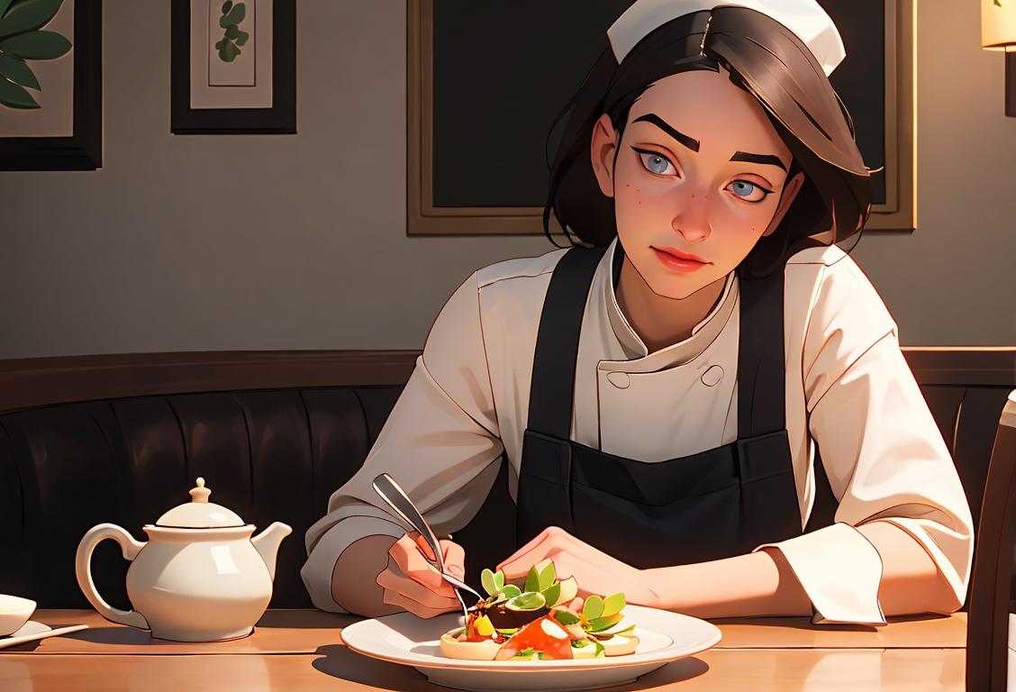 A person delicately enjoying a succulent dish, wearing a chef's hat, in a cozy and well-lit restaurant..