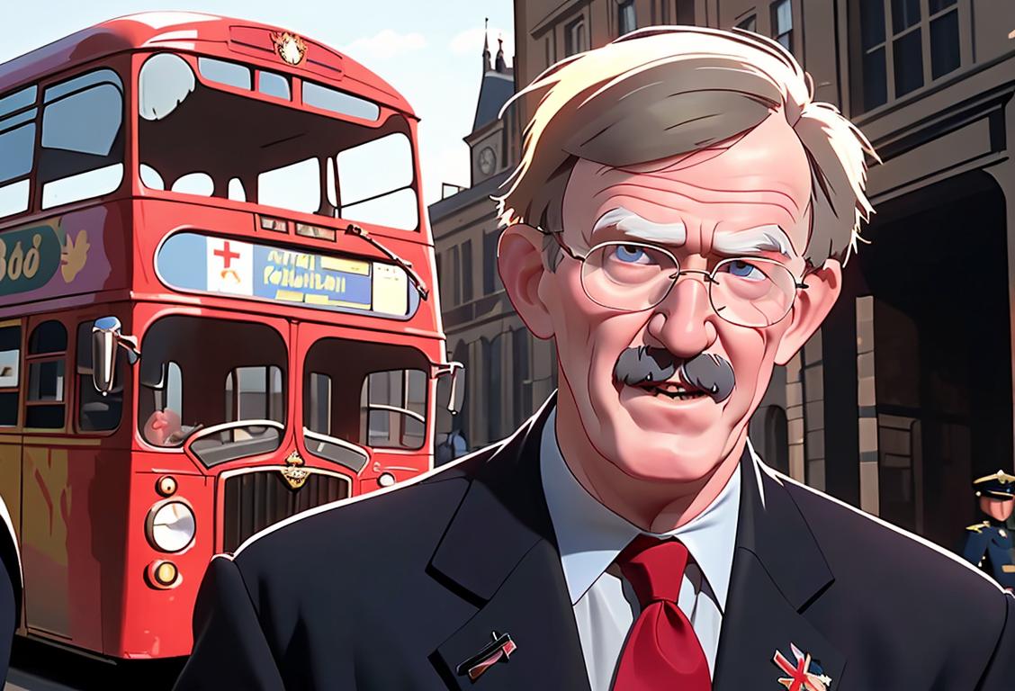 John Bolton at the London Bridge, wearing a suit and a national flag pin, with iconic red double-decker buses in the background..