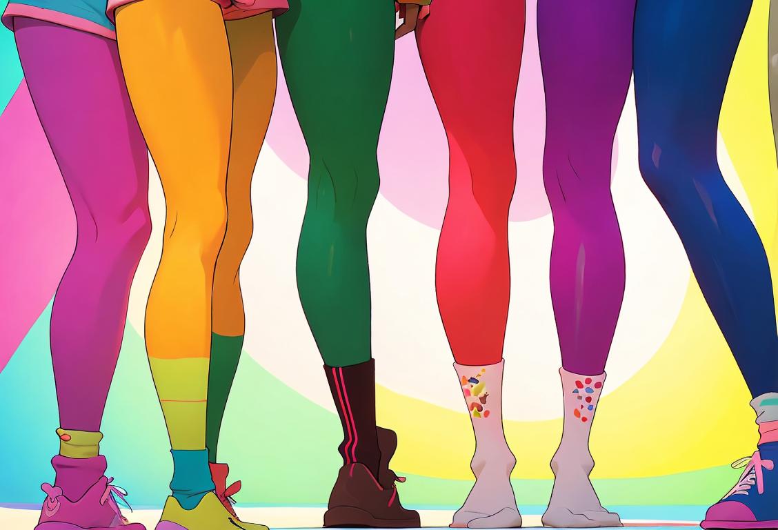 A group of diverse people wearing mismatched socks and colorful outfits, supporting each other in an inclusive and vibrant setting..