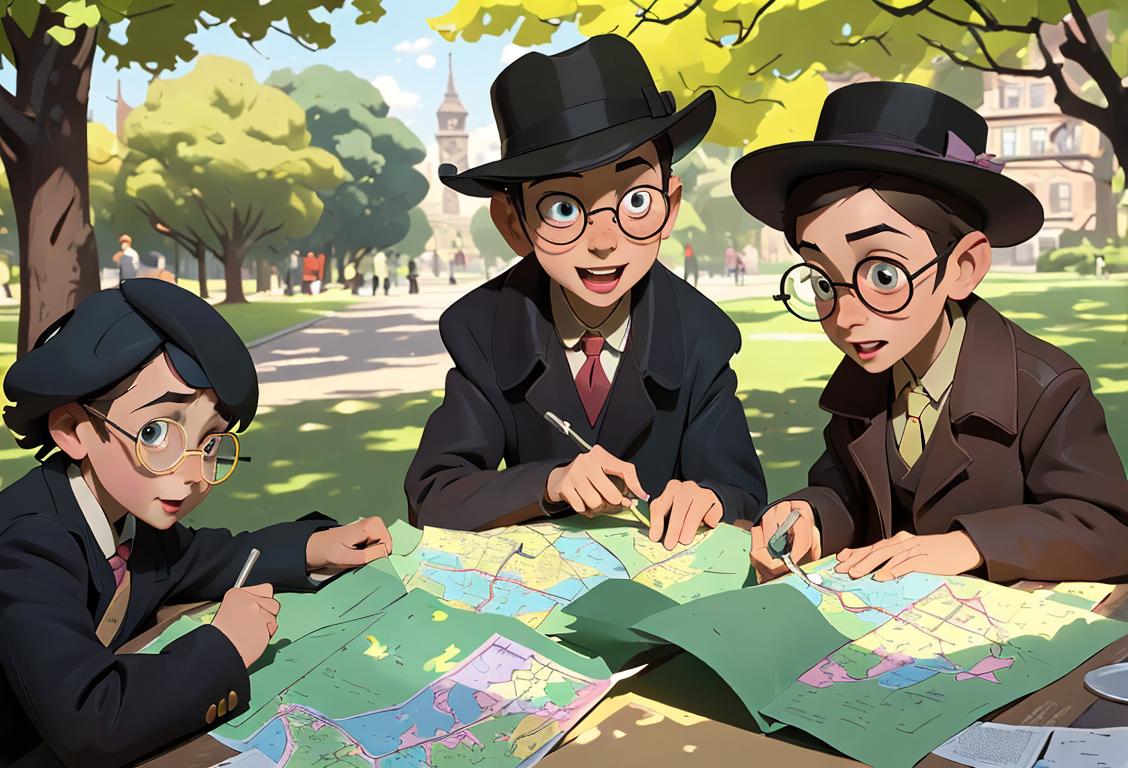 Happy group of children wearing detective hats, searching for clues in a park, with magnifying glasses and paper maps..