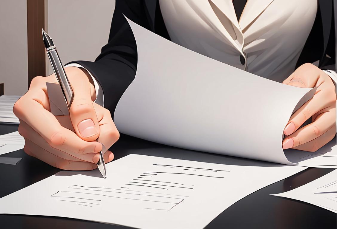 A person gracefully folding a white piece of paper, dressed smartly in business attire, surrounded by an office setting..
