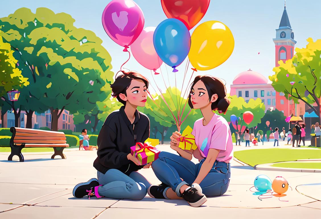 Two friends sitting together at a park, one friend giving the other a small gift, surrounded by colorful balloons and wearing trendy, casual outfits..