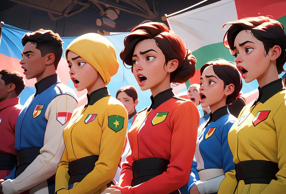 A diverse group of people gathered together, holding hands and singing their national anthem with passion, dressed in their national colors, against a scenic background..
