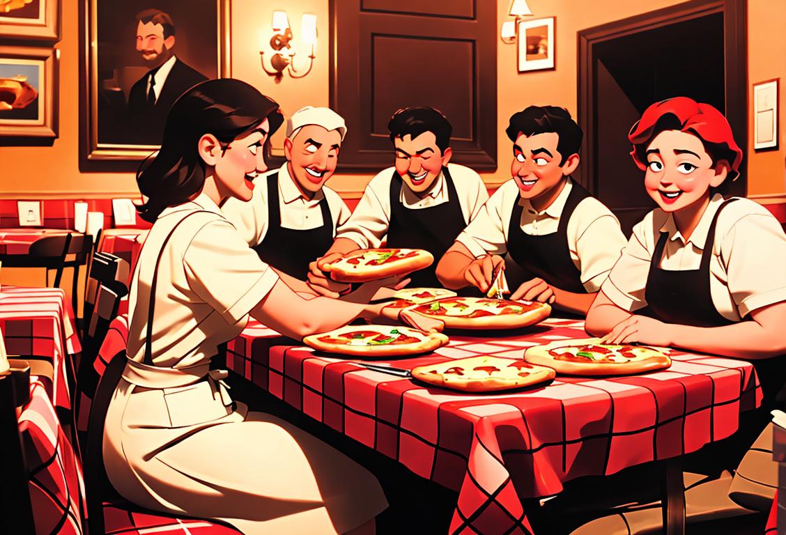 A happy group of people sharing a deep dish pizza, wearing aprons, in a cozy pizzeria with classic red-checkered tablecloth and pizza boxes in the background..