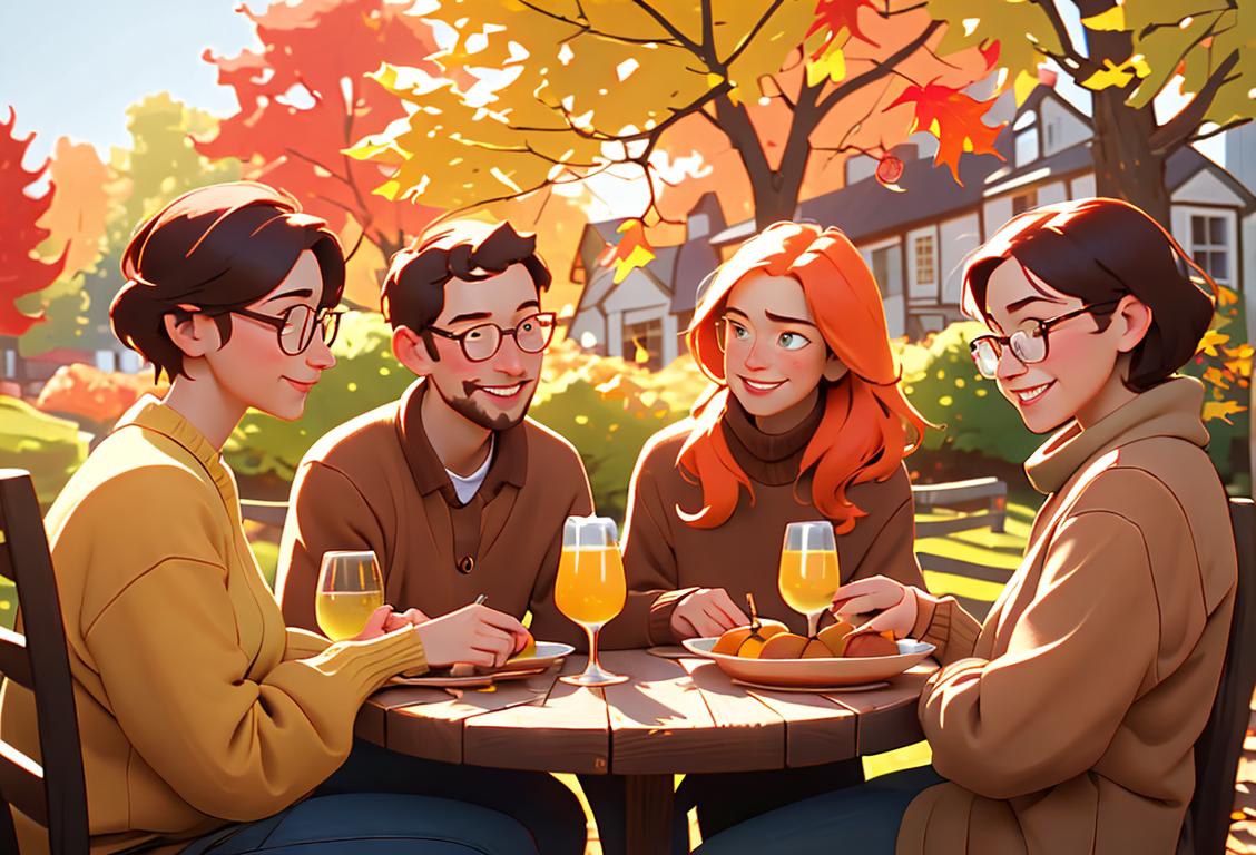 A cheerful young group of people clinking glasses filled with cider, dressed in cozy fall sweaters, surrounded by vibrant autumn foliage..
