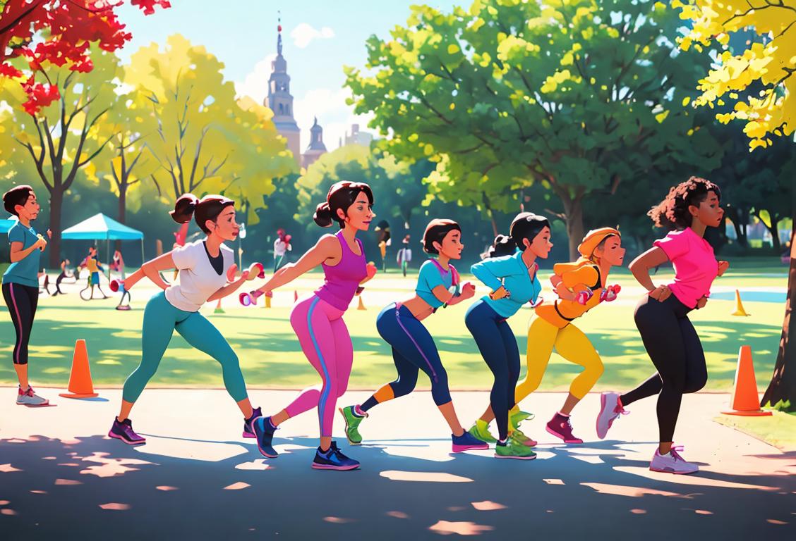 Group of diverse people engaged in various physical activities, wearing colorful workout clothes, in a park filled with fitness equipment..