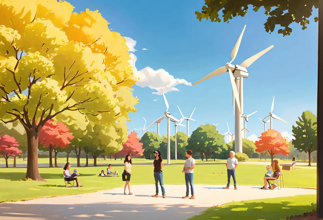 A diverse group of people gathered around a wind turbine, wearing casual clothing, eco-friendly accessories, in a sunny park setting..