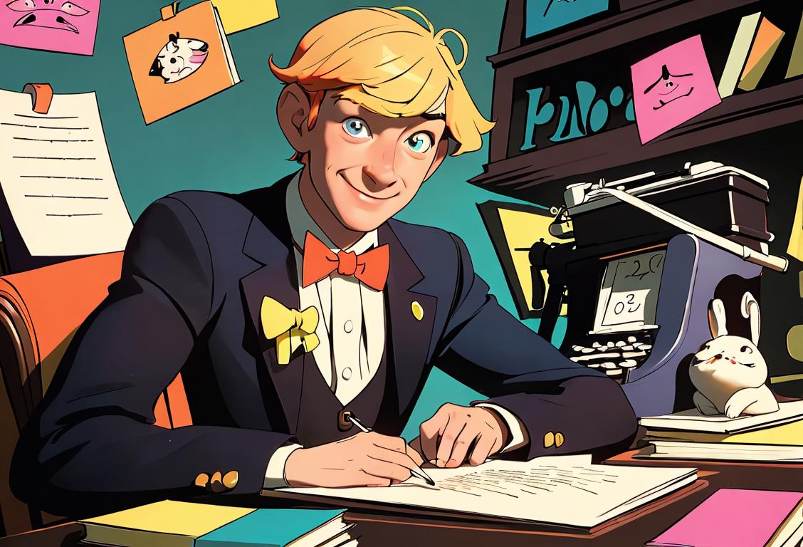Person creatively writing a clerihew with a smile, wearing a colorful bow tie, surrounded by books and a typewriter..