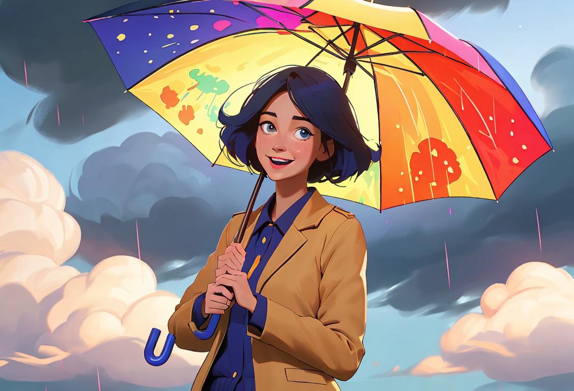 A cheerful weather person holding an umbrella, wearing a professional attire, against a backdrop of colorful weather maps..