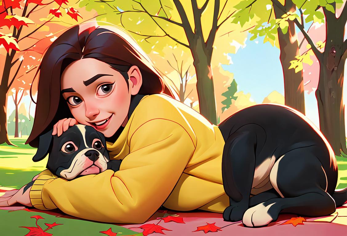 A cheerful person cuddling their dog, wearing a cozy sweater, outdoor park setting, surrounded by colorful leaves..