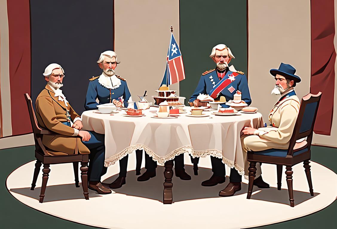 Group of diverse individuals gathered around a table decorated with confederate flag themed cupcakes, wearing vintage clothing, southern styled picnic setting..