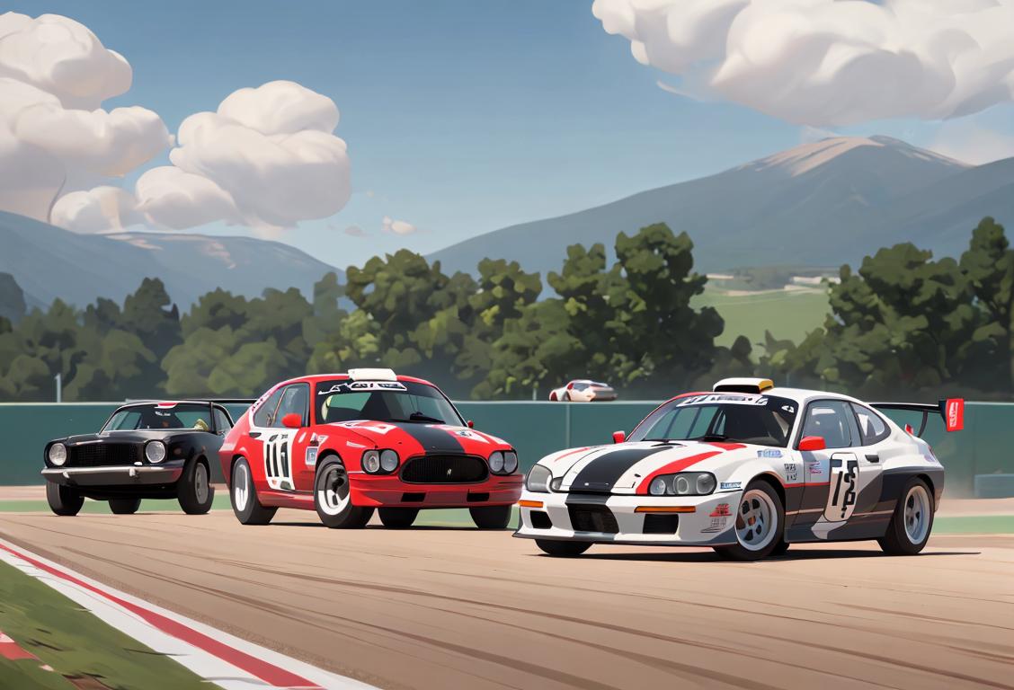 A group of diverse individuals wearing racing gear, standing next to their sleek cars on a scenic race track..