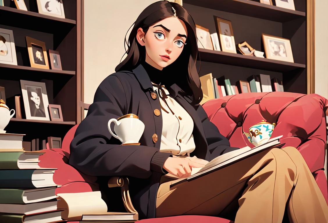 Young woman with a stylish outfit, holding a book, sitting in a cozy bookstore with a cup of tea, celebrating National Middle Name Day.