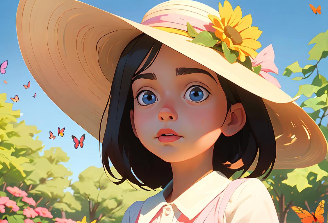 Young child wearing a colorful sun hat with flowers, playing in a sunny park surrounded by trees and butterflies..