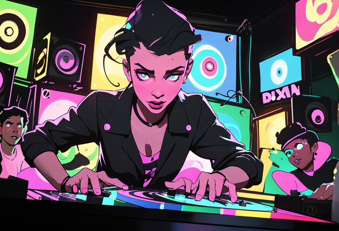 A vibrant DJ in a trendy outfit, spinning records on a neon-lit stage, surrounded by a diverse crowd dancing to the beat..