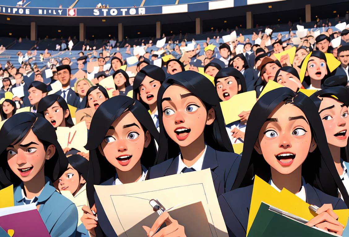 Young adults with joyful expressions, dressed in college attire, holding pens and papers, in a stadium filled with excited and cheering crowds..