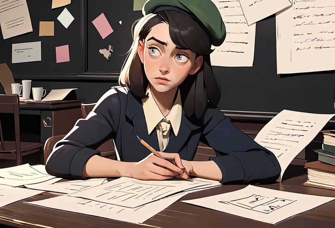 Young person sitting at a desk, crumpled papers and a broken pencil scattered around, wearing a vintage beret, literary cafe scene..