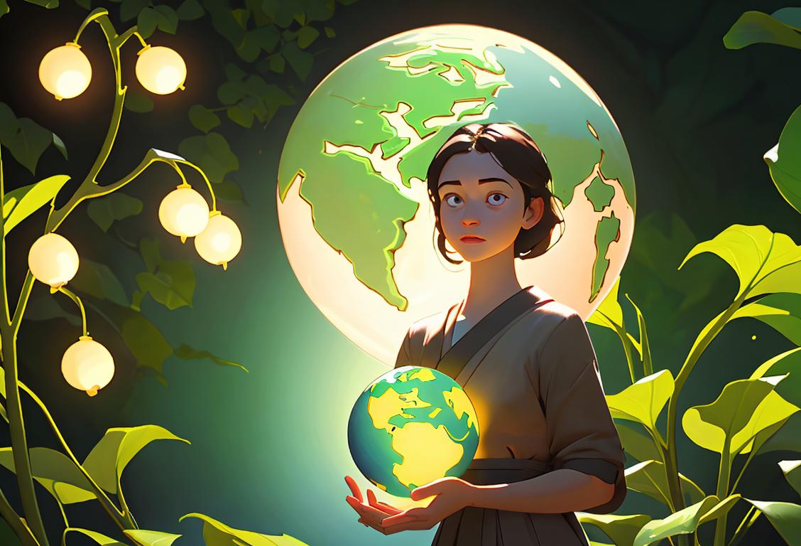 Young girl in sustainable attire, holding a glowing globe, surrounded by energy-saving lightbulbs and lush greenery..