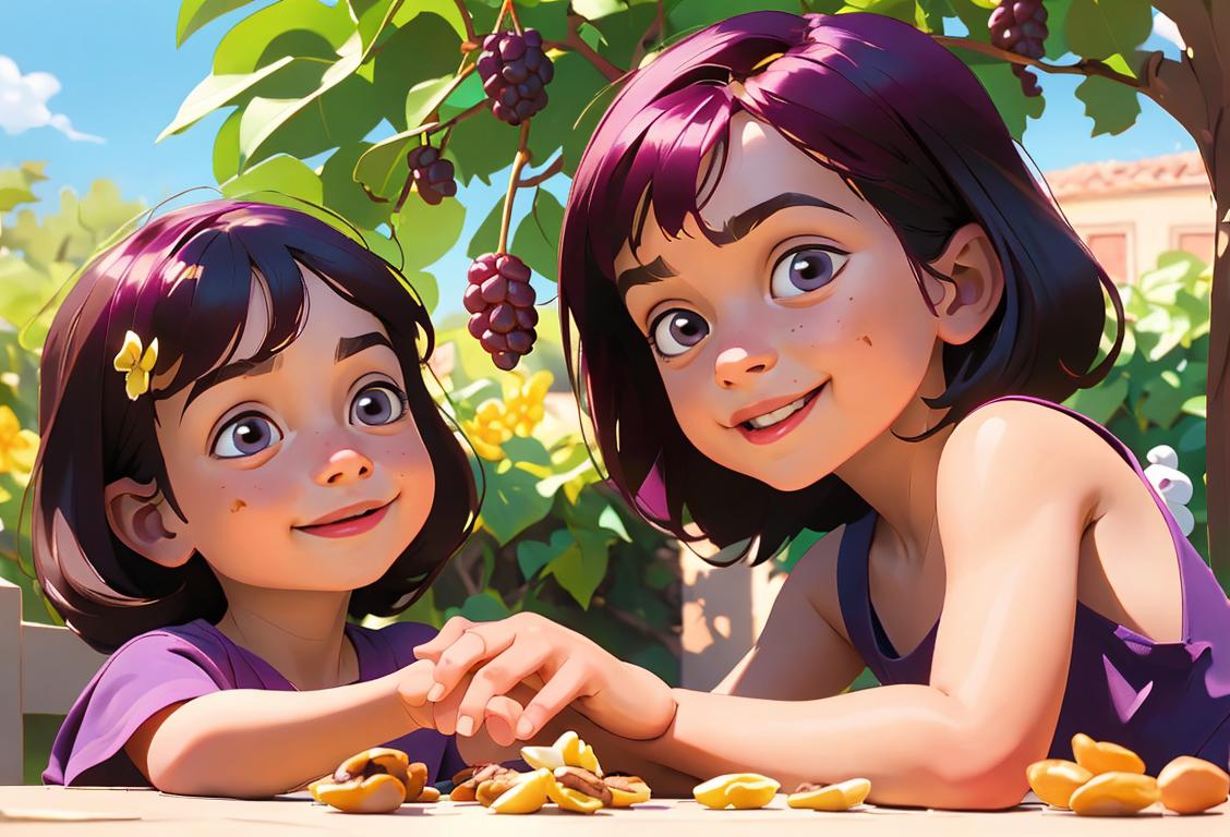 Happy children on a sunny day, enjoying raisin-filled snacks, playing in a vibrant garden setting..