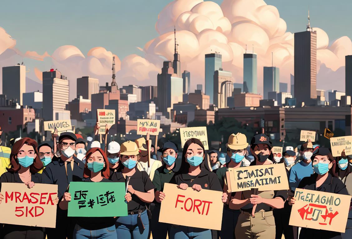 Group of diverse workers wearing protective gear, holding signs, standing in front of a bustling city skyline..