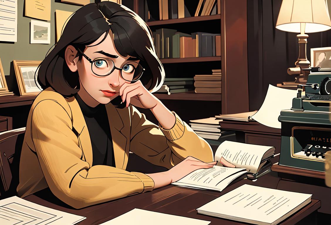 A young writer sitting at a vintage desk, wearing glasses, with a typewriter, surrounded by books and a cozy atmosphere..
