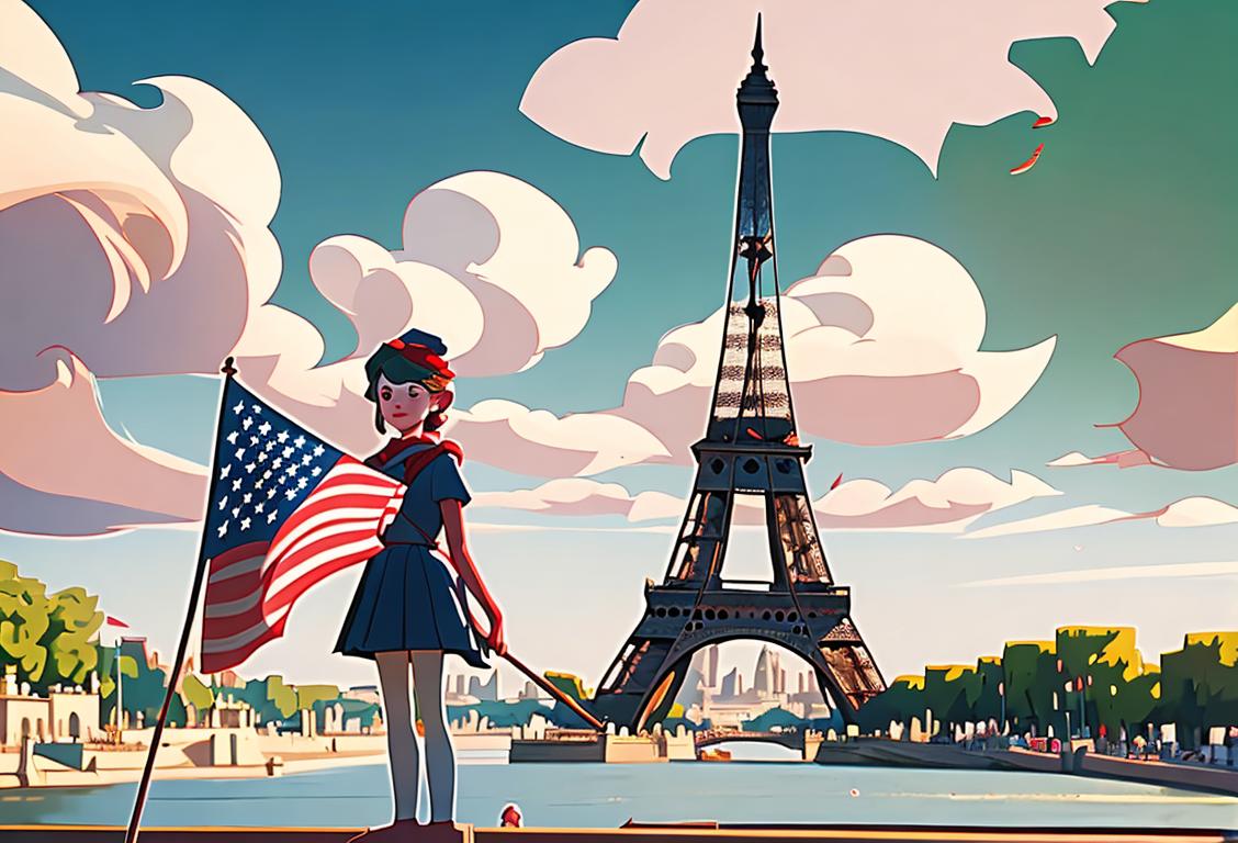 Young children holding flags, wearing patriotic outfits, against a backdrop of iconic national landmarks, like the Statue of Liberty or the Eiffel Tower..