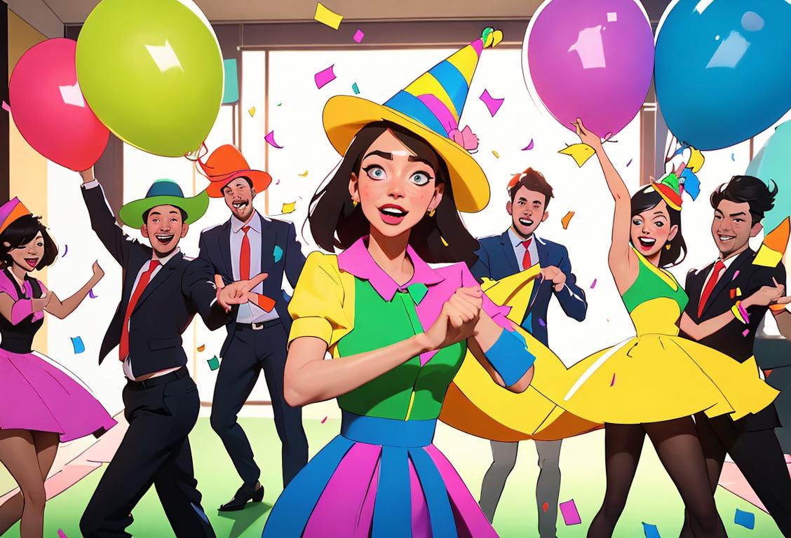 Group of employees in colorful outfits, wearing party hats, dancing and throwing confetti in a modern office setting..