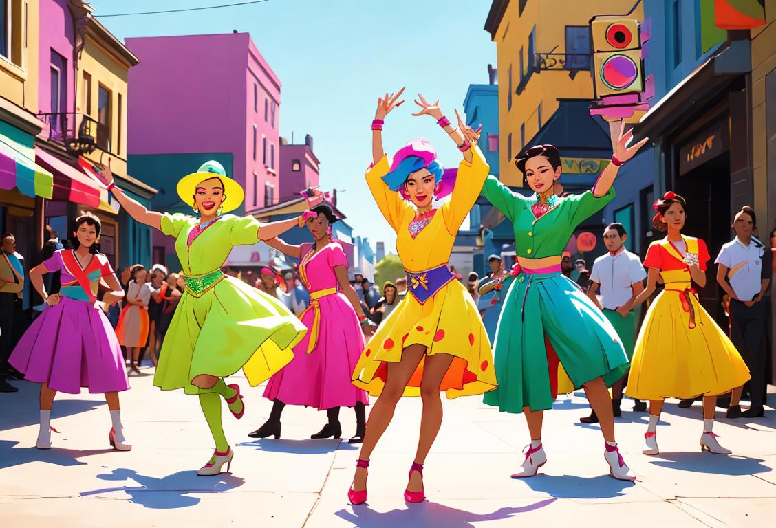Diverse group of people, showcasing different dance styles, wearing colorful outfits, in a vibrant street setting.