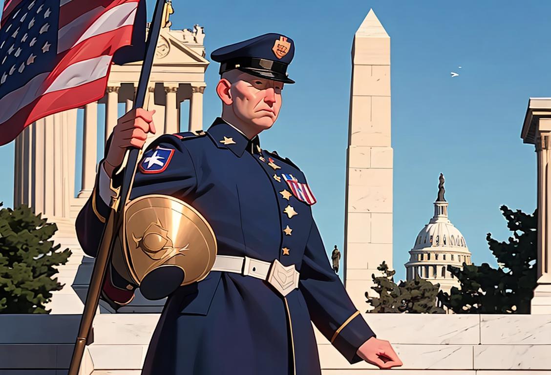 A national guard from DC standing proudly in uniform in front of the US Capitol, surrounded by American flags and the Washington Monument..
