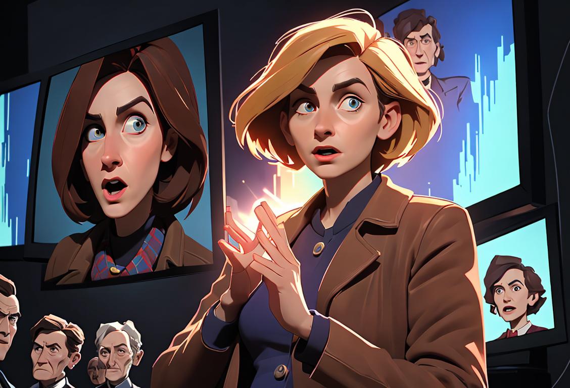 A young woman wearing a tweed coat and holding a sonic screwdriver in front of a television screen, surrounded by a diverse group of people cheering and clapping..