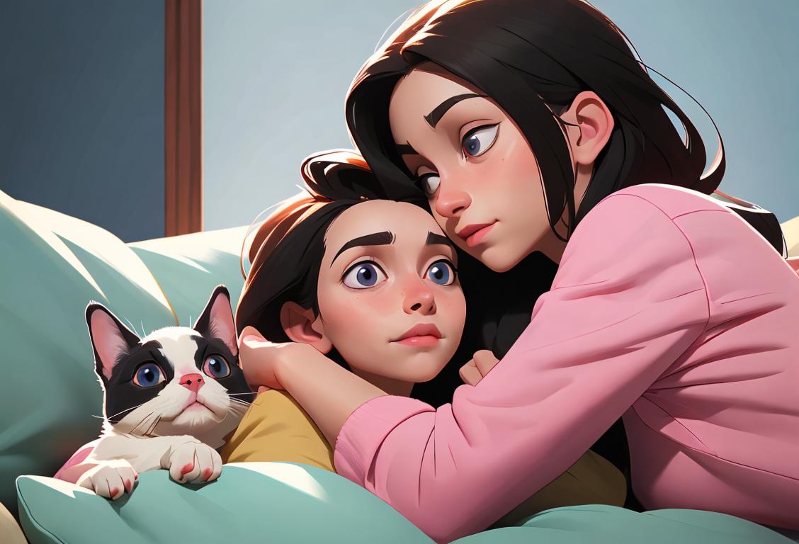 Young couple happily cuddling their newly adopted pet, wearing casual clothes, cozy home background..